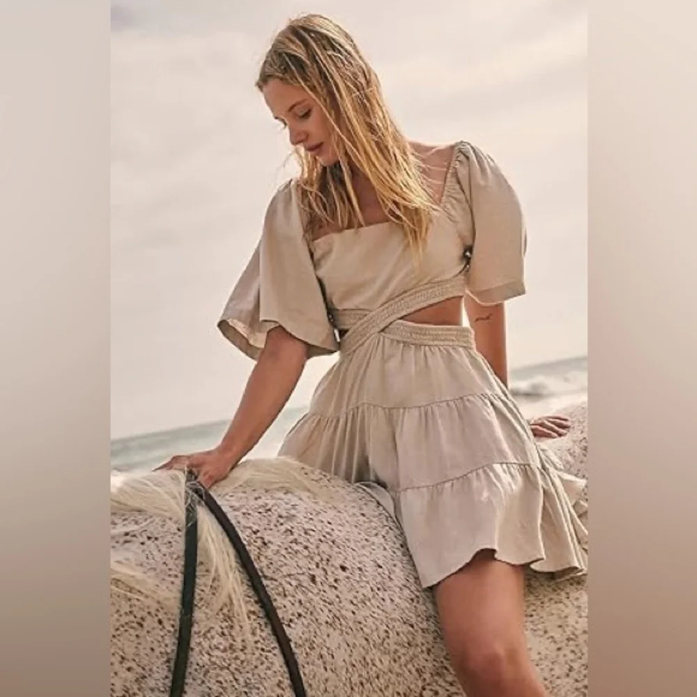 Free People XS Cross of Sunlight Dress Tan Oatmeal Mini Tiered Criss Cross Back